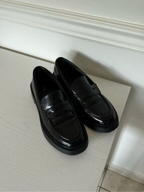 Zara Black Leather Penny Loafers - Women's Flats